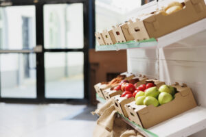 Fresh Fruits On Shelves At Grocery Store