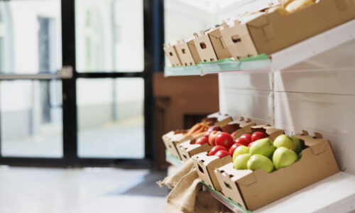 Fresh Fruits On Shelves At Grocery Store